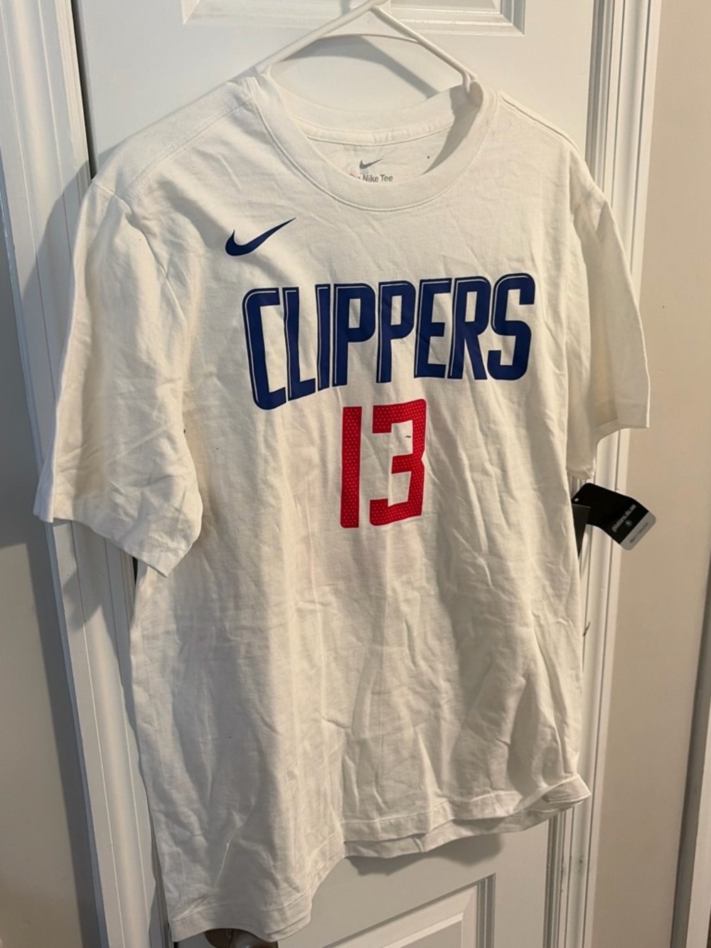 NBA White Clippers Tee with Blue Logo and Red Number